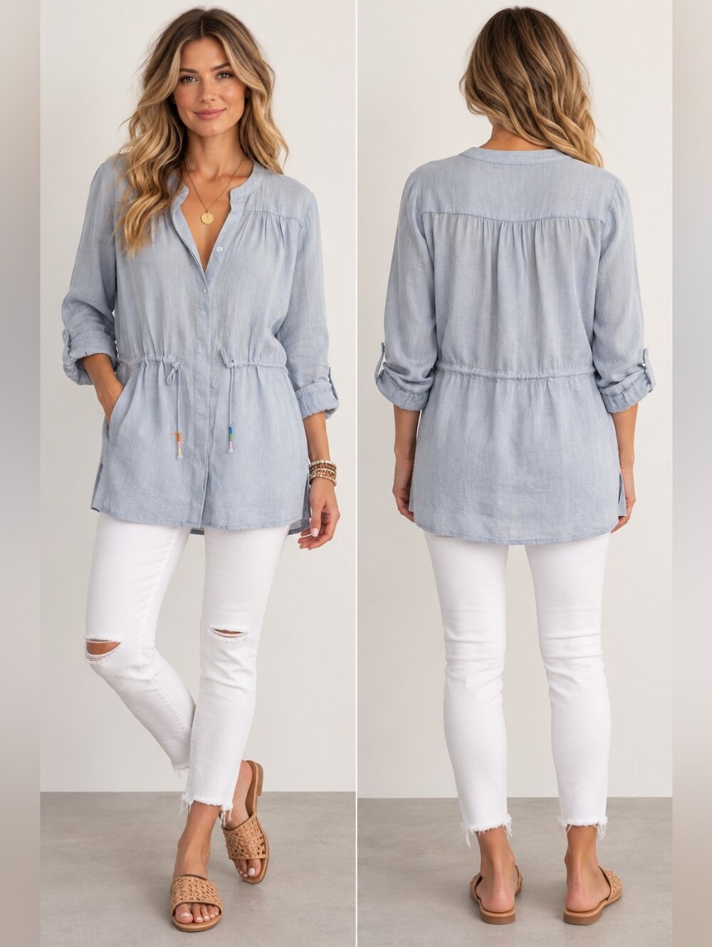 M Magaschoni 100% Linen Drawstring Waist Tunic Blouse Light Blue Size M